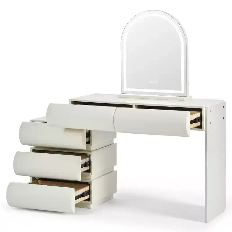 Luxe make-uptafel Whisen met spiegel, verplaatsbaar zijmeubel, 6 opberglades en kruk