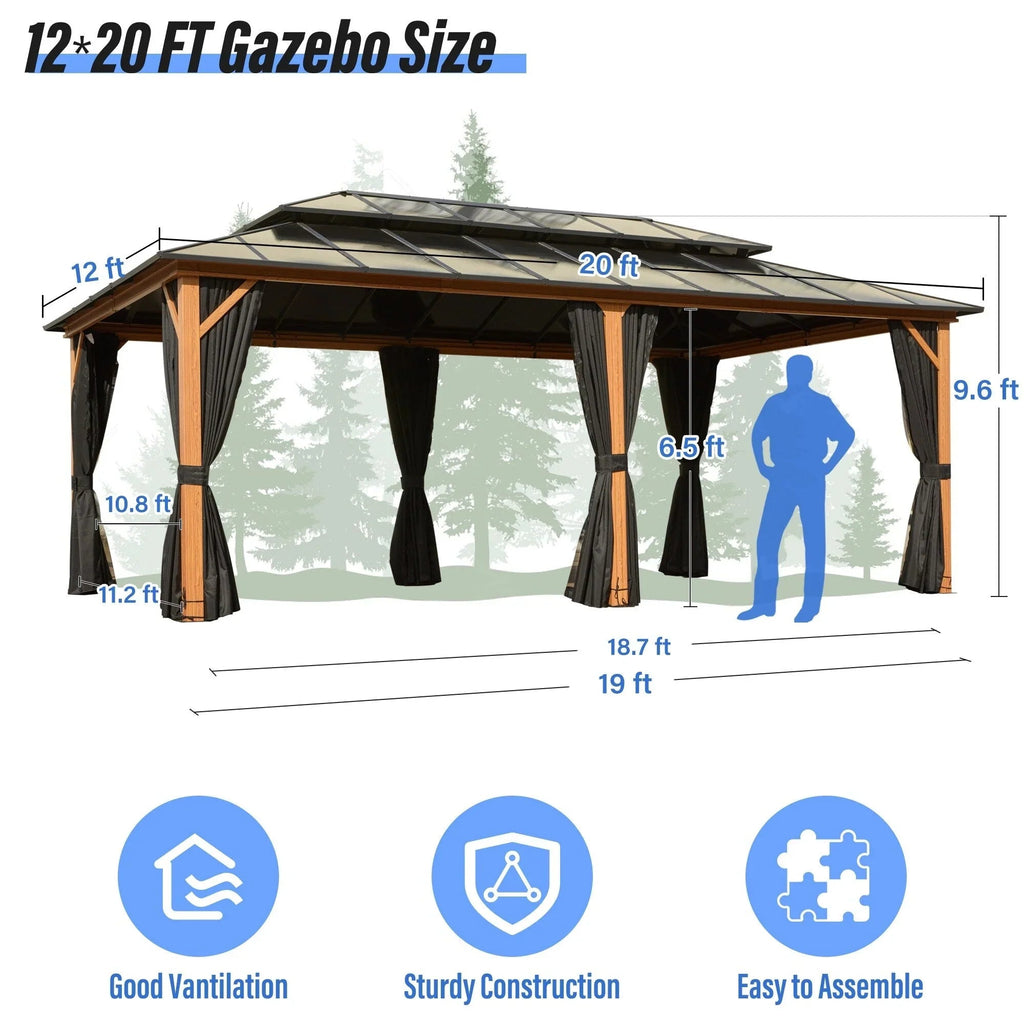 EROMMY hardtop-paviljoen, pergola voor buiten met dubbel dak, netten en gordijnen, extra stevig zonnescherm voor terras, achtertuin en zwembadfeest
