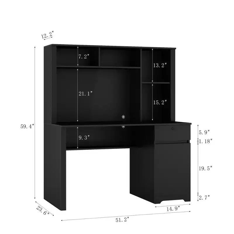 Bureau d'ordinateur moderne de 51.18IN avec rehausseur et bibliothèque, bureau avec nombreux rangements, bureau d'écriture pour le travail et la lecture