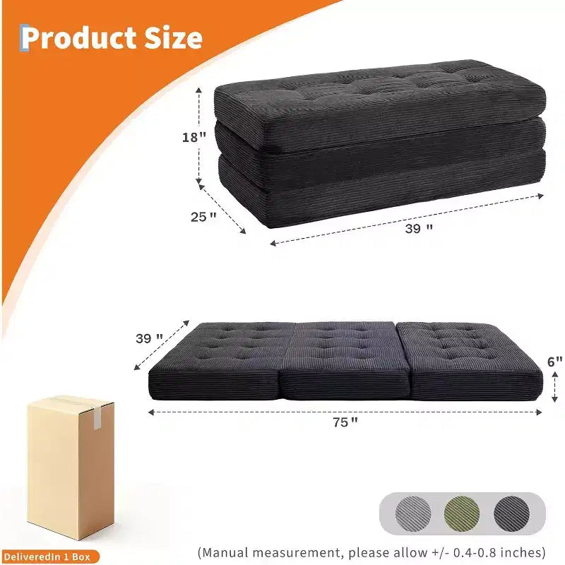 39x75 dreifach klappbares Schlafsofa aus Memory-Schaumstoff, 6-getuftete Matratze