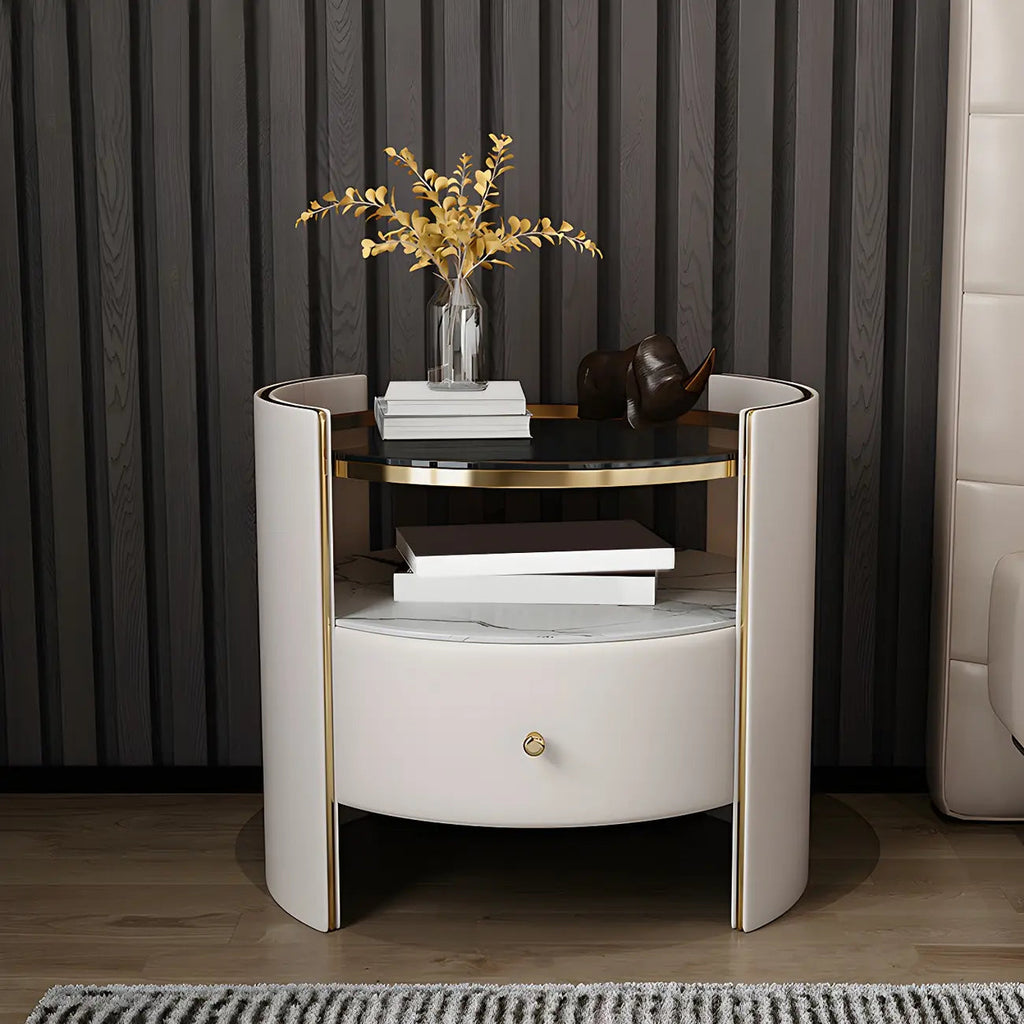 Luxury Glass Top Nightstand with Drawer Storage and Open Cubby
