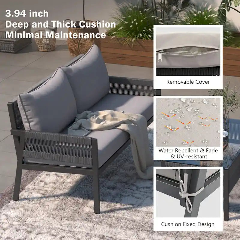 4-delige tuinmeubelset, loungeset voor buiten met tafel van gehard glas, diepe zit en dikke kussens
