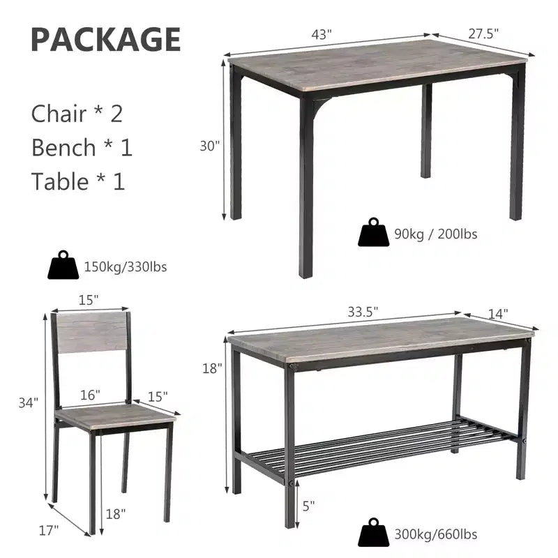 Costway eettafelset met 4 delen, rustieke tafel, 2 stoelen en bank met opbergrek