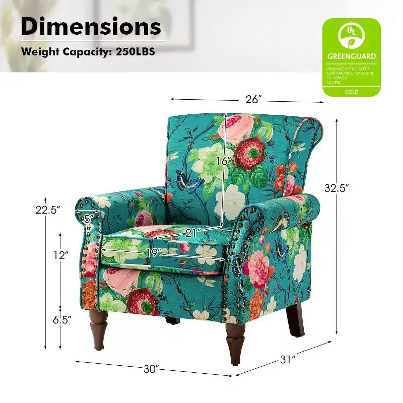 Araceli traditionele houten fauteuil met bloemenstof, hoge rugleuning met vleugels en siernagels| ART OF LIVING DESIGNS