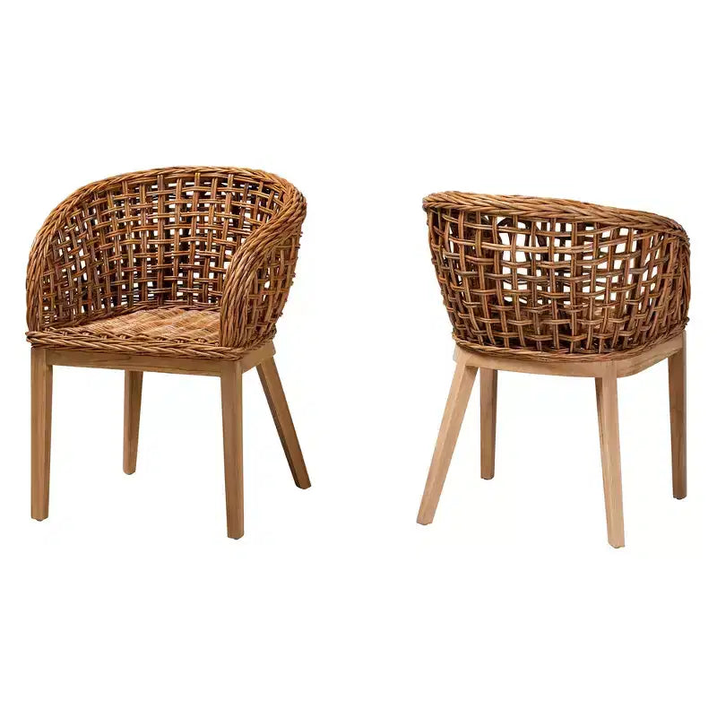 Ensemble de 2 chaises de salle à manger Mario de Bali & Pari, en teck brun naturel et rotin, style bohème moderne