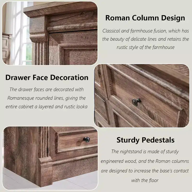 Cassettiera Mastgoal 57 in stile rustico con 7 cassetti, mobile contenitore in legno con colonna romana per camera da letto