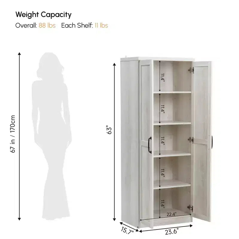 Garde-manger de cuisine à 2 portes de 63, armoire de rangement autonome avec 5 niveaux d’étagères et 2 étagères réglables pour la salle à manger