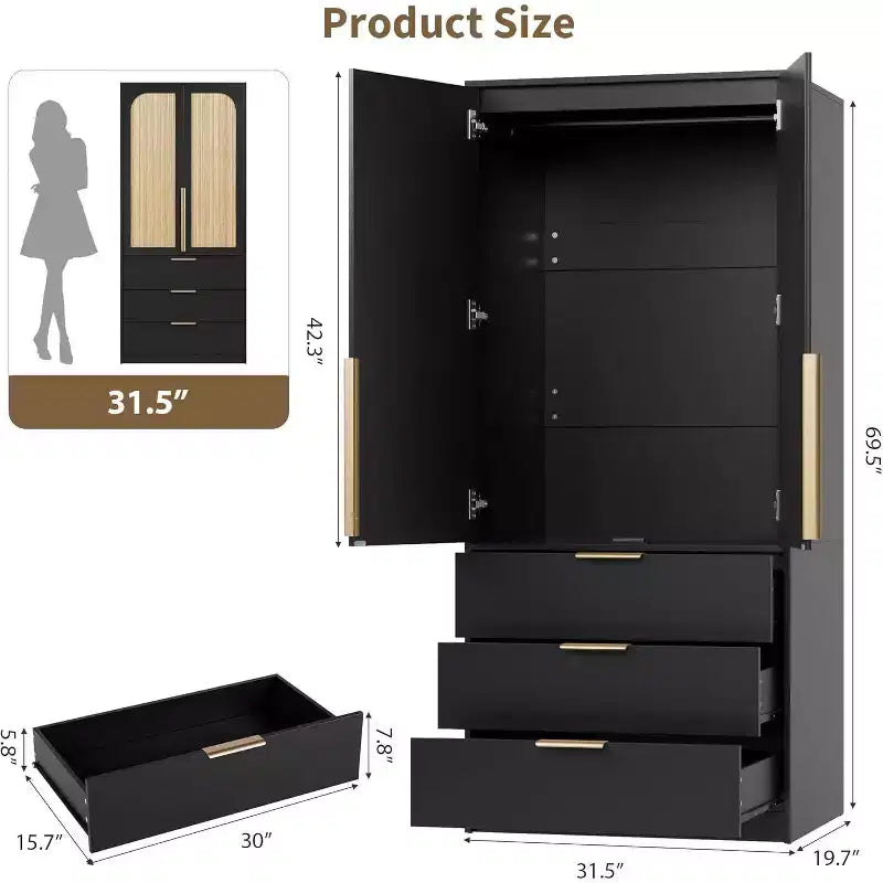 Armoire à 2 portes avec 3 tiroirs et tringle