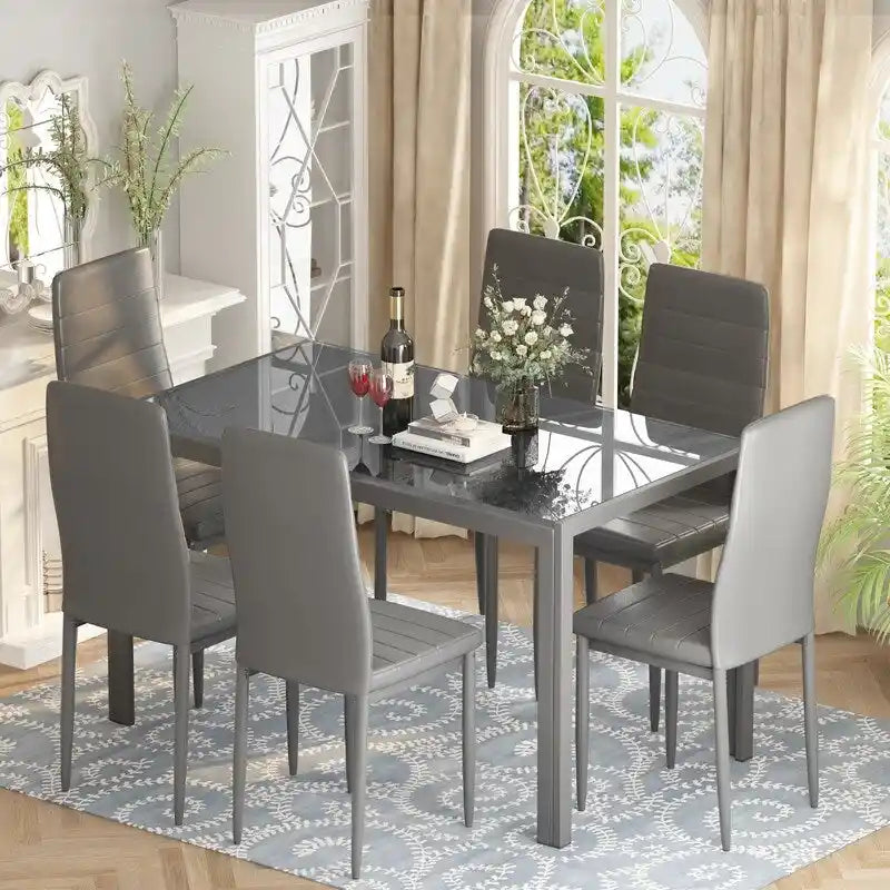 Grondin moderne 7-delige eettafelset met tafelblad van gehard glas en 6 met PU-leer beklede stoelen