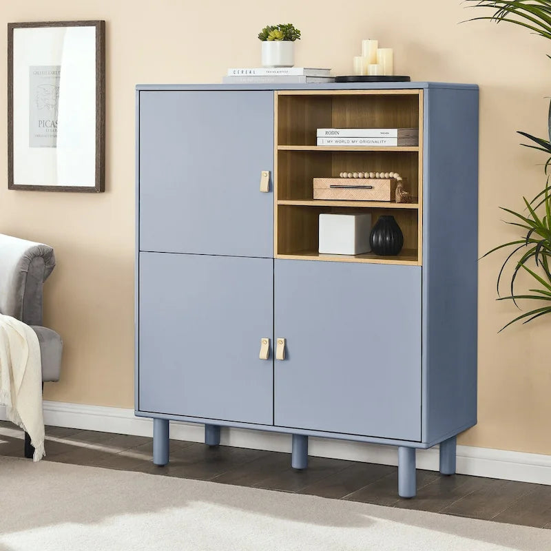 Multifunktionaler Aufbewahrungsschrank mit Tür, modernes Sideboard, Aufbewahrungsschrank aus Holz, Schubladenschrank mit Ledergriffen