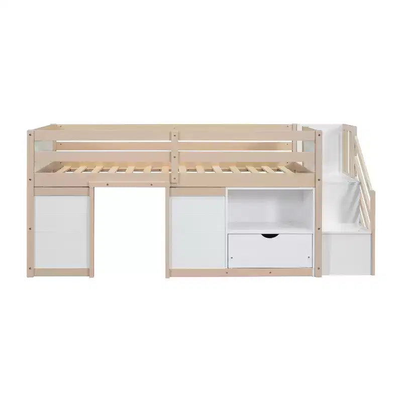 94.6L x 42.3W niedriges Hochbett aus Massivholz in Einzelgröße mit Treppe, Schublade und Regal, modernes und schlichtes Design