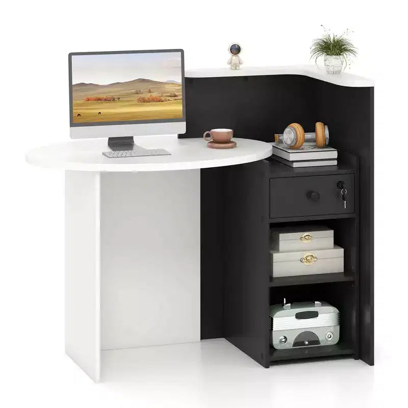 Costway Empfangstresen, Kassentisch und Bürotisch mit offenem Fach und abschließbarer Schublade, Weiß/Braun/Schwarz