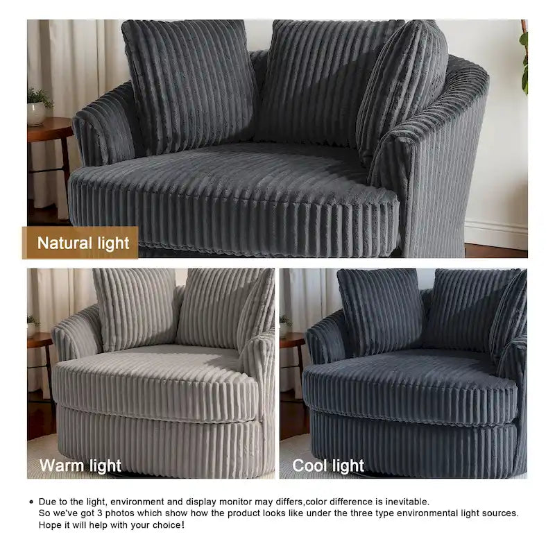 Fauteuil tonneau pivotant surdimensionné en velours côtelé moelleux, accoudoirs rentrés, 43 W