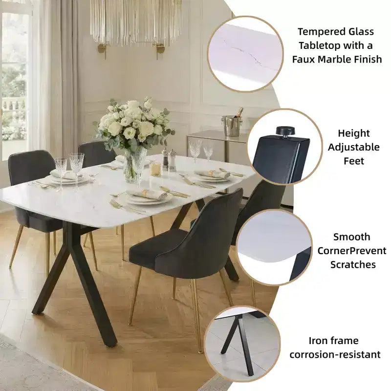 GDFStudio Daniela moderne rechthoekige eettafel van gehard glas met marmerdessin en metalen poten
