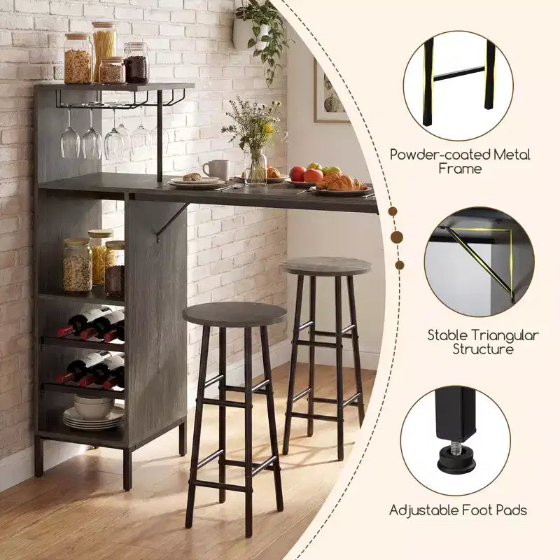 Costway barta felset van 3 stuks, industriële bartafel en krukken met wijnflessenrek, bruin/eik