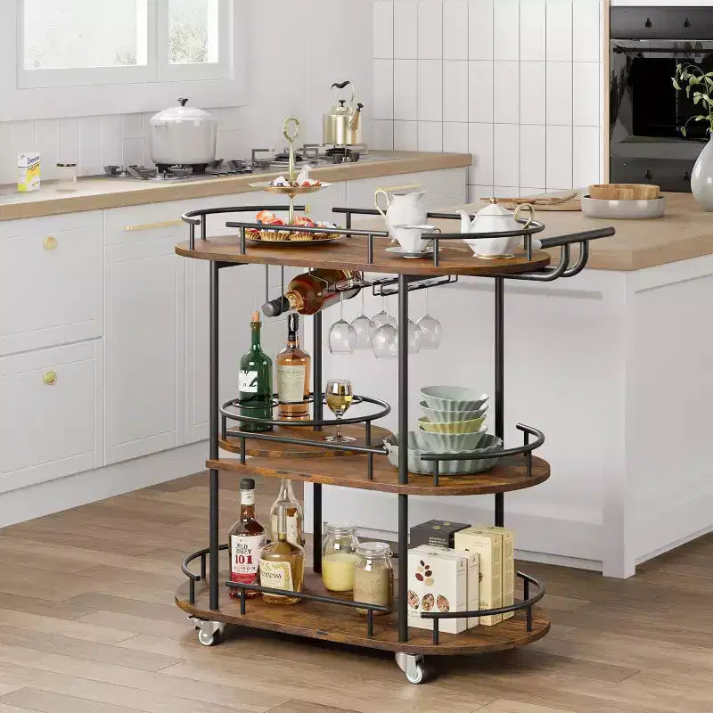 Barkarren met opbergrekken met 4 niveaus, mobiele barkarren op wielen met wijnrek en glazenhouder voor keuken, eetkamer en woonkamer