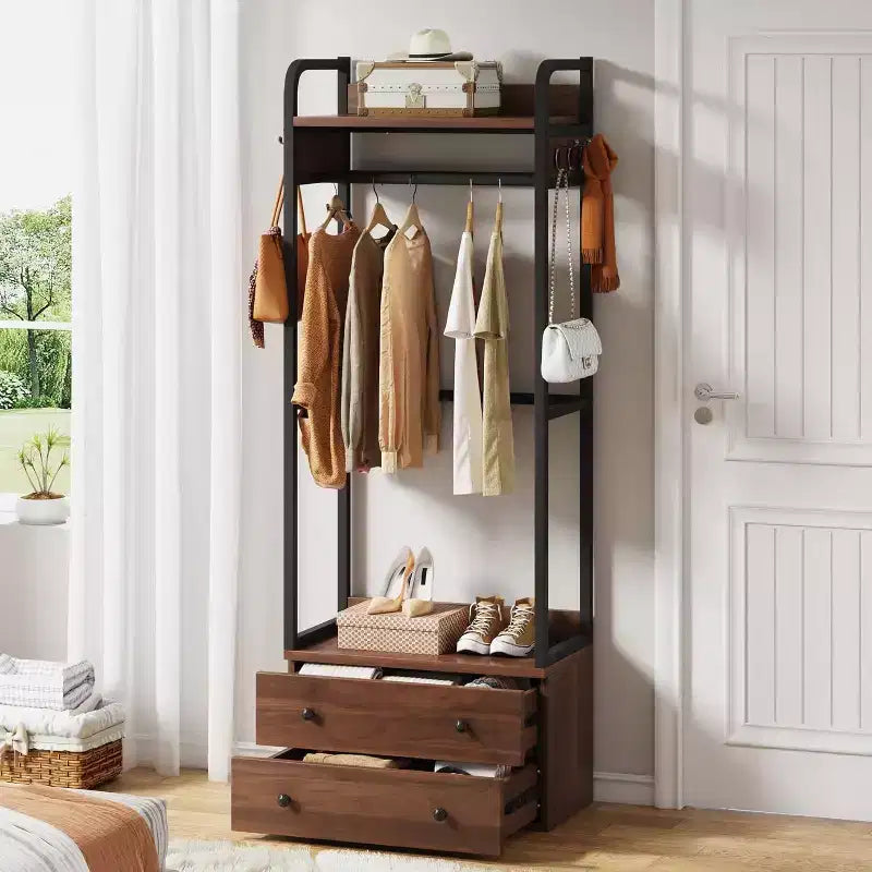 Lantine vrijstaande kledingkastorganizer, klein kledingrek met laden en planken, stevig kledingrek voor hal, entree en slaapkamer