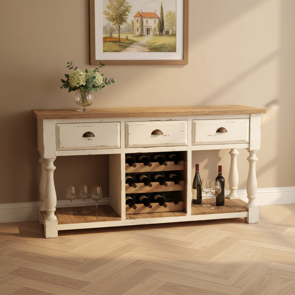 Portabottiglie da consolle stile rustico con finitura bianco gesso e piano naturale