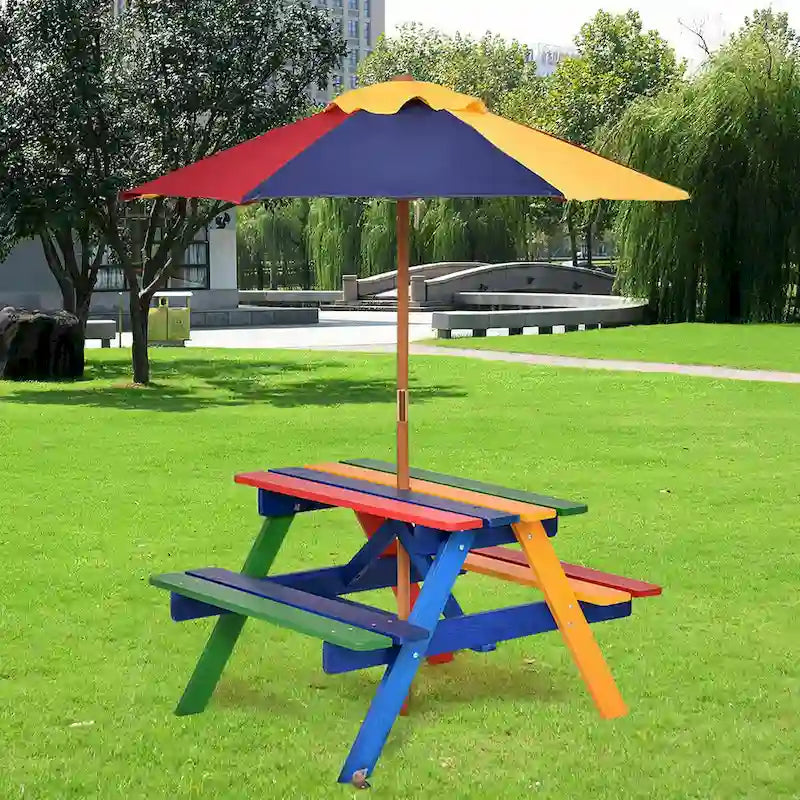 Costway Kinder-Picknicktisch mit 4 Sitzplätzen, Sonnenschirm, für Garten und Hof, klappbar
