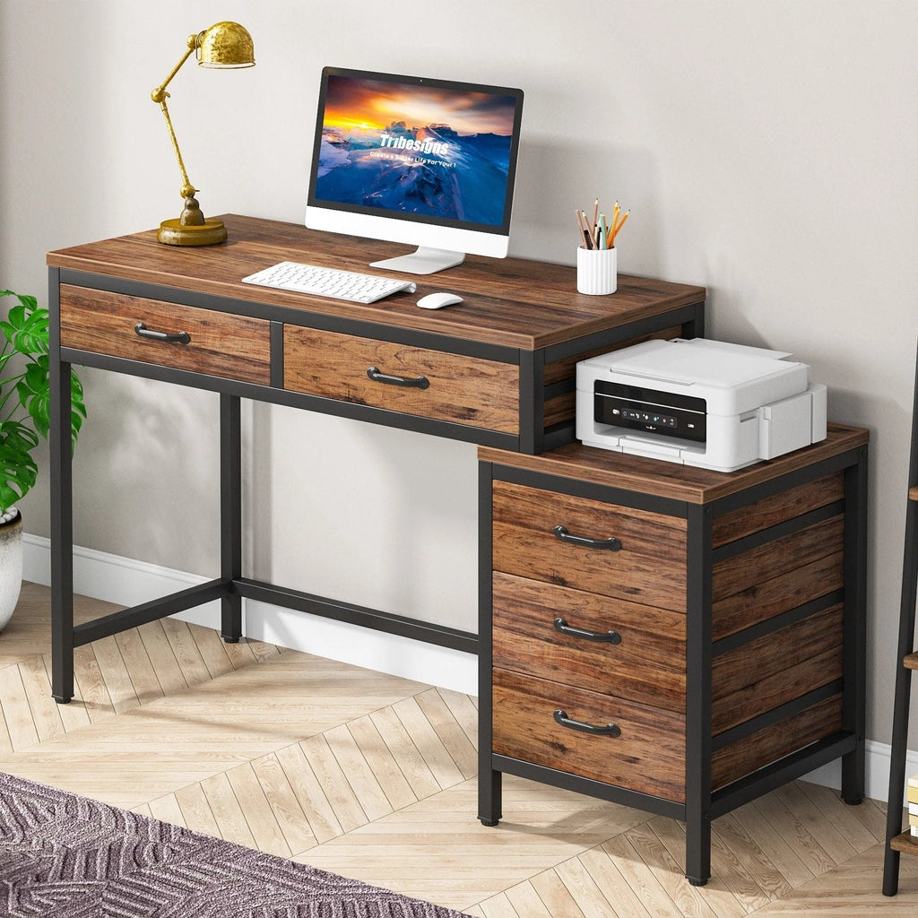 Wendbarer Computerschreibtisch mit 5 Schubladen, Schreibtisch fürs Homeoffice mit Aktenschublade und Druckerständer