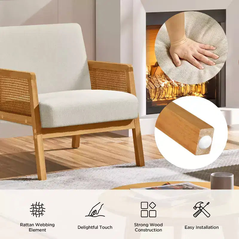 Yaheetech set van 2 gestoffeerde fauteuils met rotan zijkanten voor woonkamers en slaapkamers