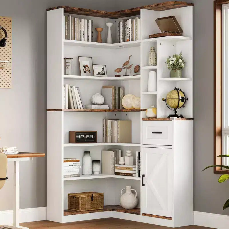 Eckregal, 74 hohes Eckregal mit 6 Ebenen, L-förmiges Bücherregal mit offenen Fächern und Schubladen für Wohnzimmer oder Homeoffice