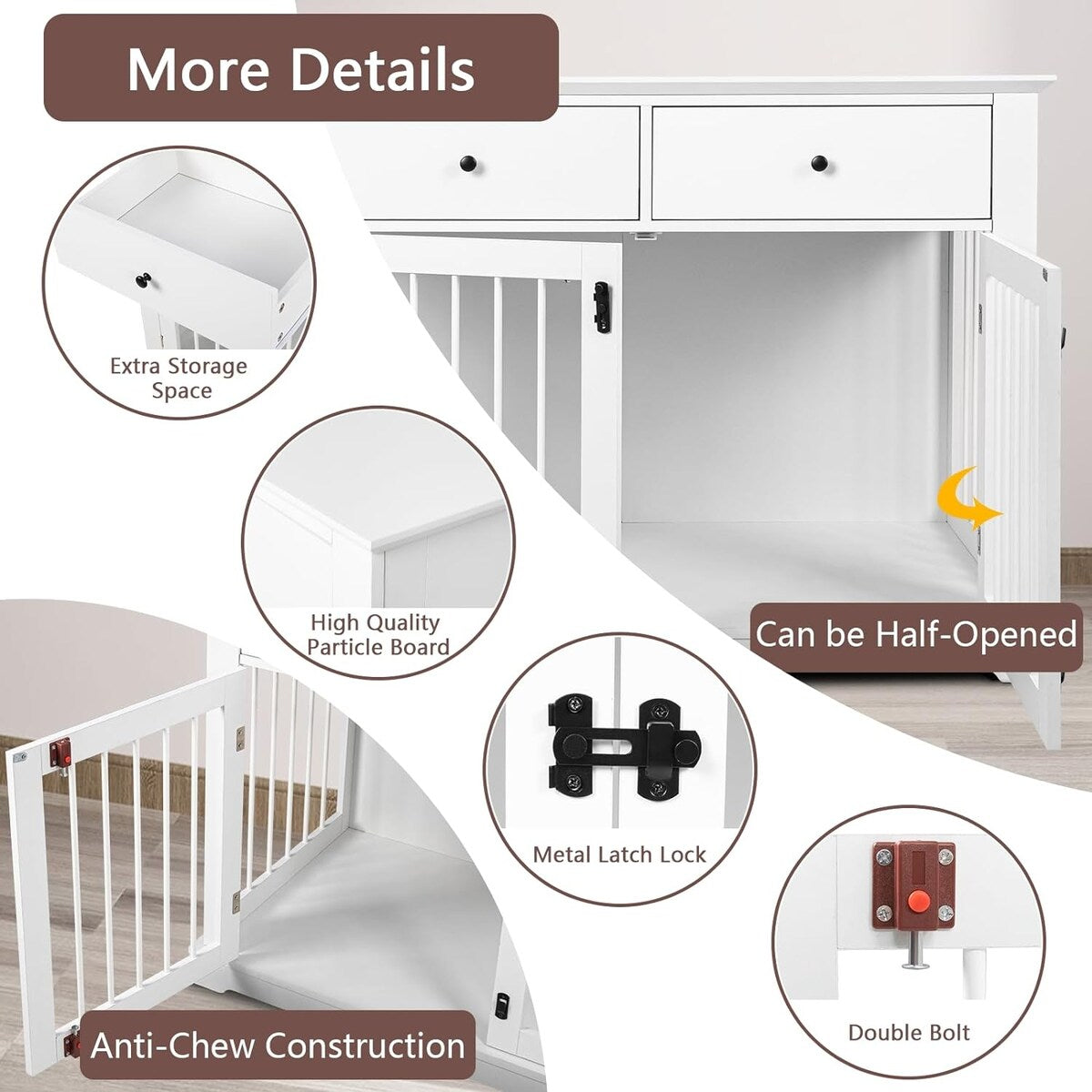 Cuccia per cani BOSSIN da 44 pollici, mobile in legno con tavolino laterale e cassetti contenitori, cuccia decorativa per animali domestici
