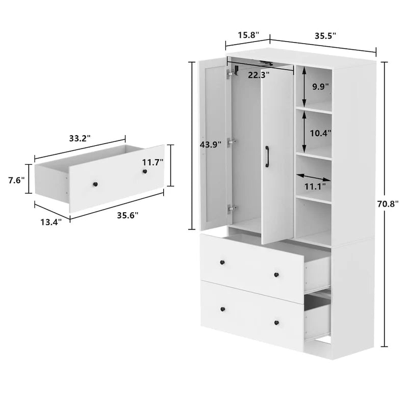 Kleiderschrank mit Spiegel und verstellbarem Kleiderstangenbereich, platzsparend