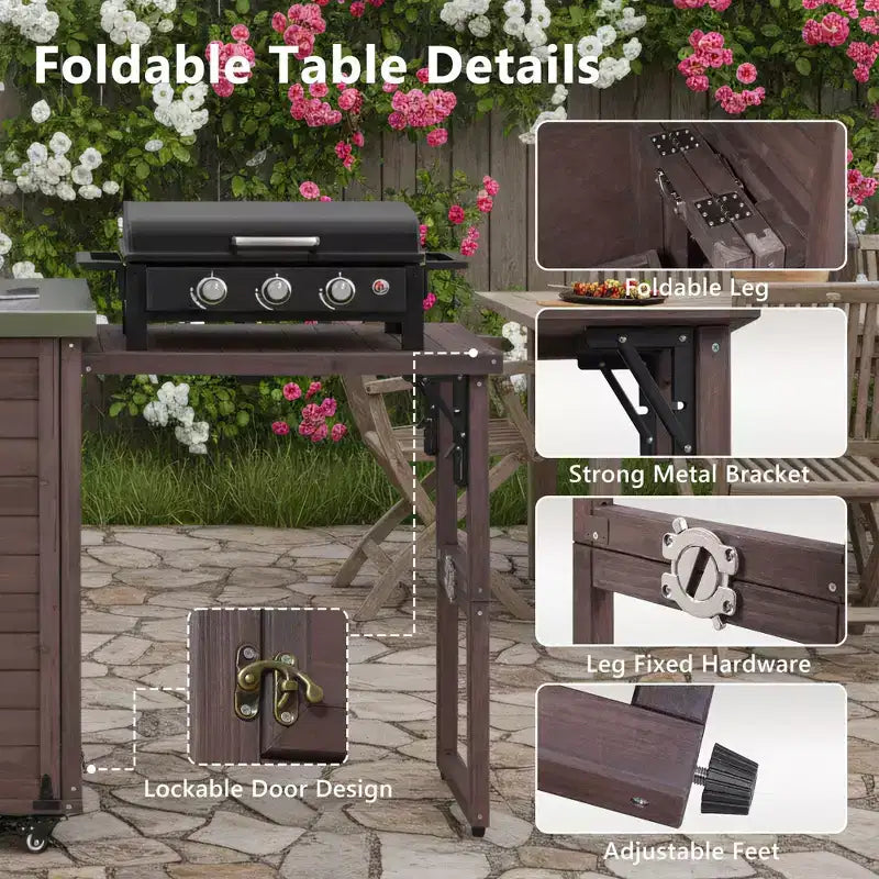 Buiteneiland voor de keuken met inklapbare zijtafel, buitenkeukenwagen met roestvrijstalen blad, verborgen afvalbak voor gazon en tuin