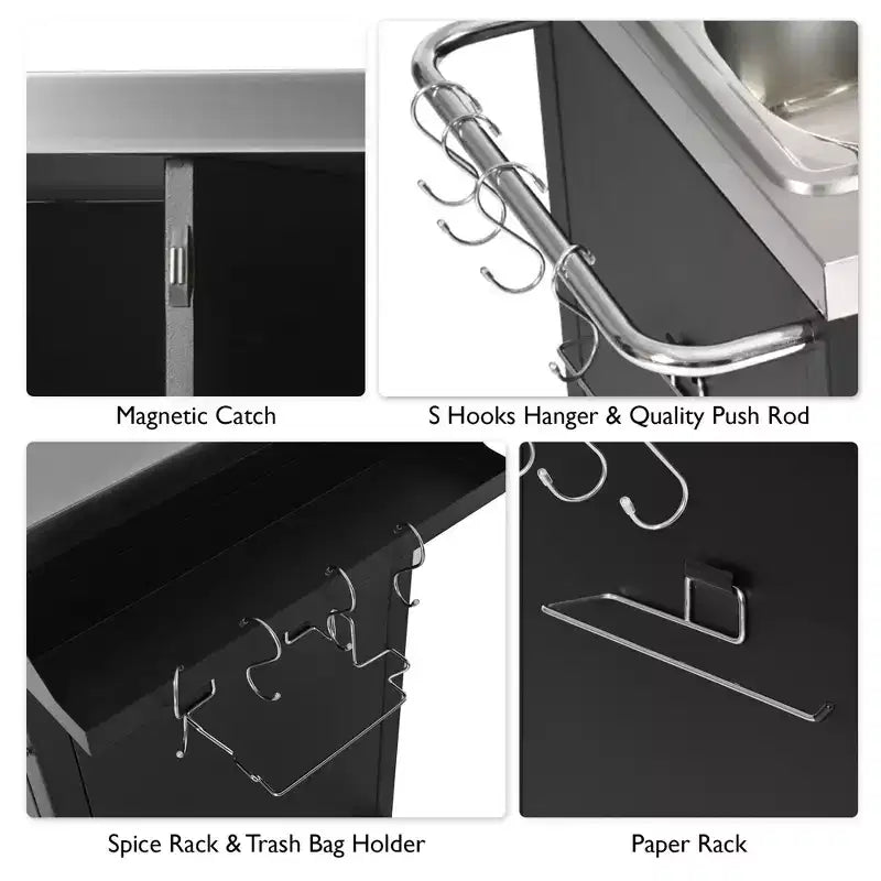 Îlot de cuisine d’extérieur 55.5 avec évier, table de préparation en acier inoxydable avec porte-épices et roulettes verrouillables, chariot pour barbecue, noir - ModernLuxe