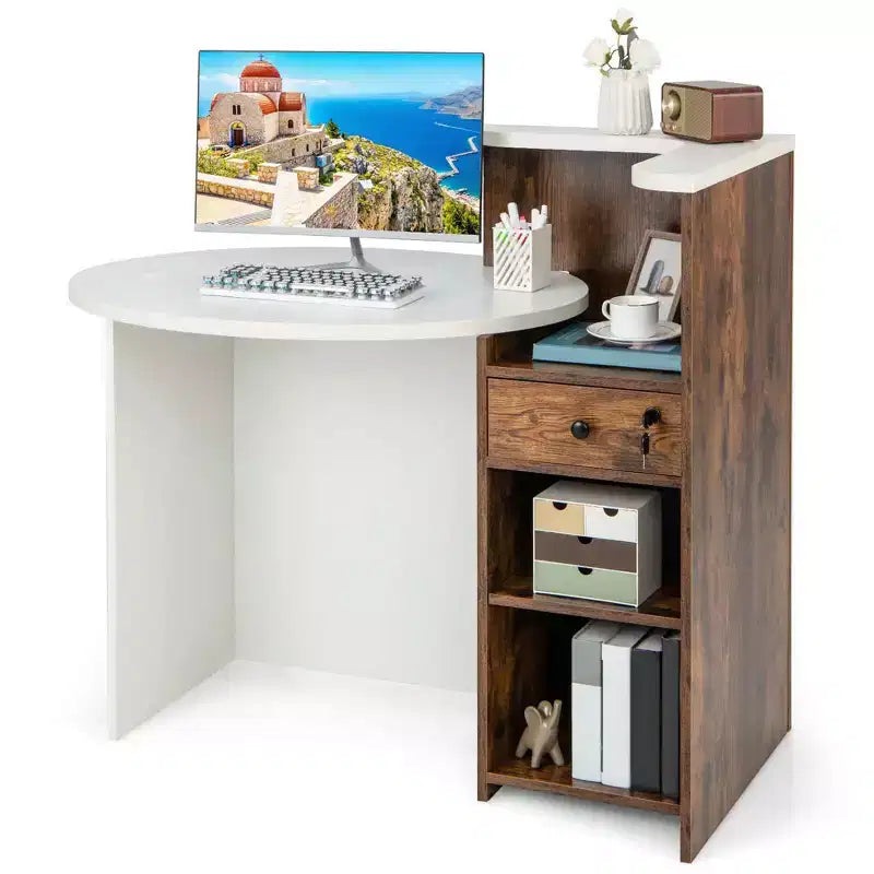 Costway Empfangstresen, Kassentisch und Bürotisch mit offenem Fach und abschließbarer Schublade, Weiß/Braun/Schwarz