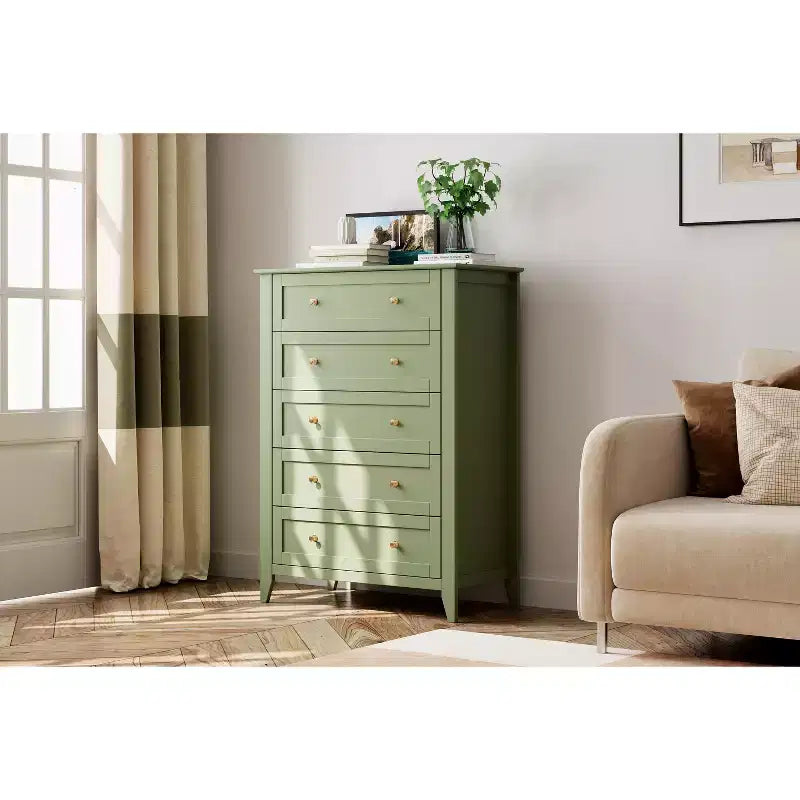 Commode de chambre à 5 tiroirs, hauteur de 42.5 pouces, armoire de rangement en bois avec tiroirs de 11.9 pouces de profondeur et poignées en métal doré, idéale pour l'entrée ou le couloir