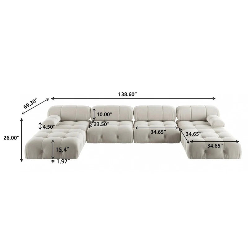 Canapé modulaire convertible de 138, canapé minimaliste en velours en U