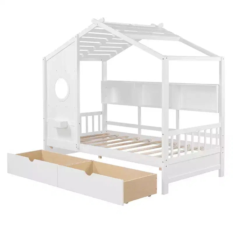 Whisen Hausbett in Einzelgröße für Kinder, Spielhausbett mit 2 Schubladen und Ablage