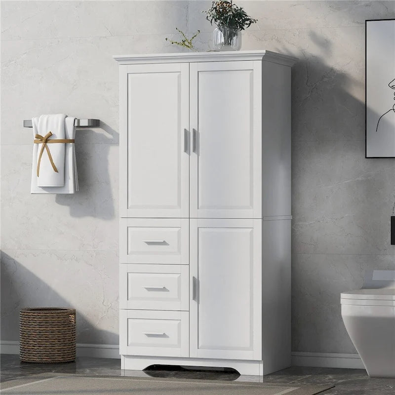 Armoire de rangement haute et large avec portes pour salle de bains, trois tiroirs