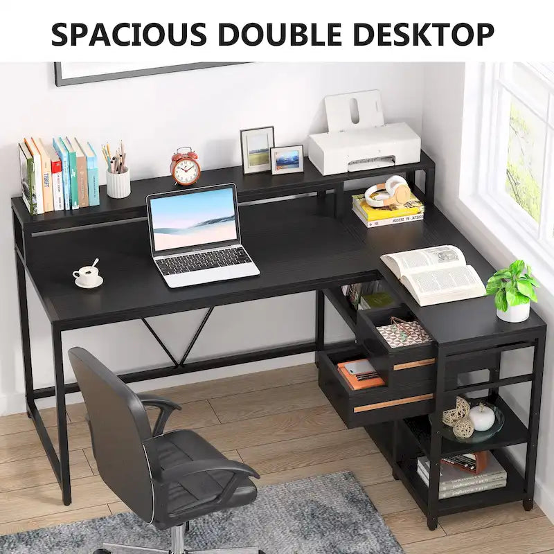 Schreibtisch in L-Form mit Schublade, Eckschreibtisch fürs Homeoffice mit Ablagefächern und Monitorständer, rustikaler PC-Schreibtisch für kleine Räume