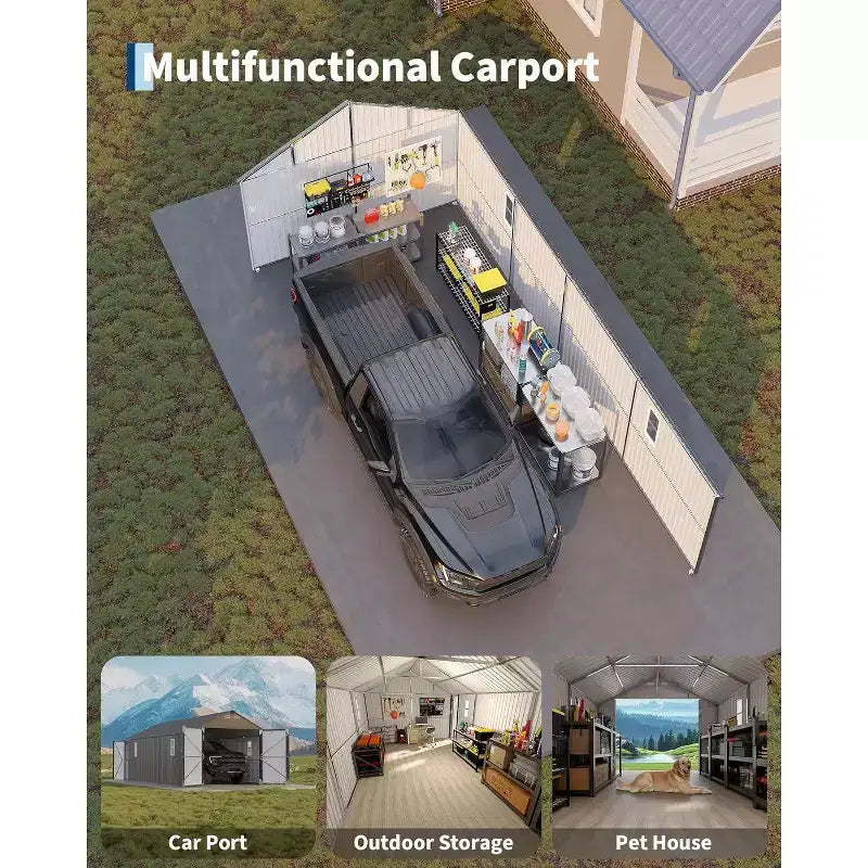 Carport in metallo completamente chiuso da 12x25FT, con tetto a falde verticali e struttura in acciaio