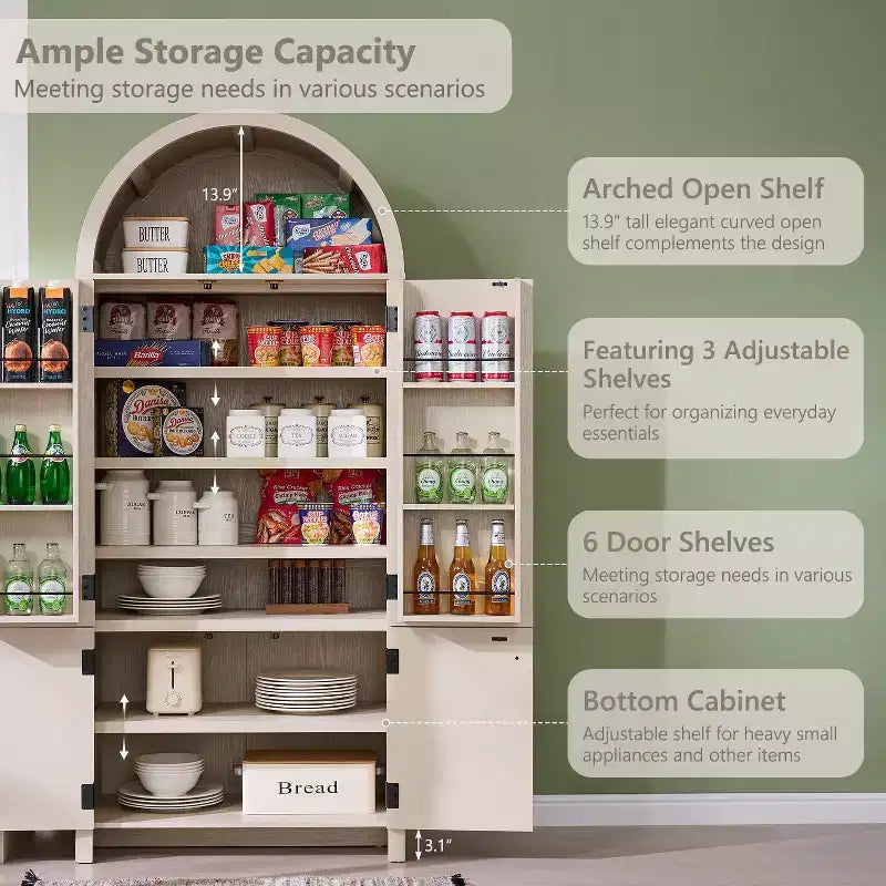 Dispensa da cucina alta 71 con arco, mobile contenitore moderno con 3 ripiani regolabili e 6 ripiani nelle ante, per cucina e soggiorno