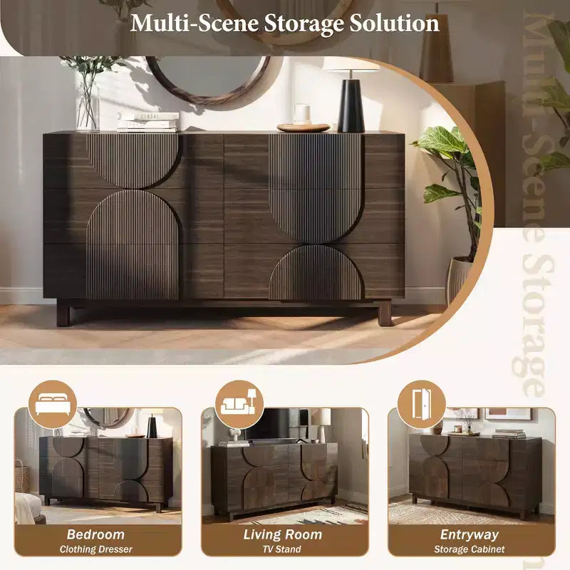 Moderne geometrische Kommode mit 6 Schubladen, breiter Stauraumschrank mit Halbkreismuster für Schlafzimmer und Wohnzimmer