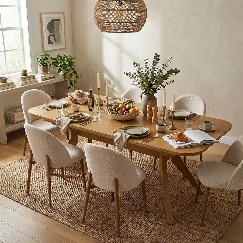Modernes ausziehbares Esszimmertisch-Set, 78-96, für 6/8 Personen, Esszimmer-Set im Japandi-Stil mit beigefarbenen Polsterstühlen, V-förmigem Bockgestell-Panipeachy