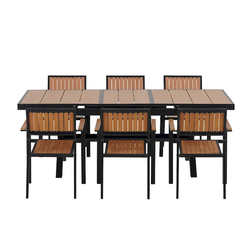 7-delige uitschuifbare eethoek voor buiten met uitschuifbare tafel en 6 stoelen met armleuningen