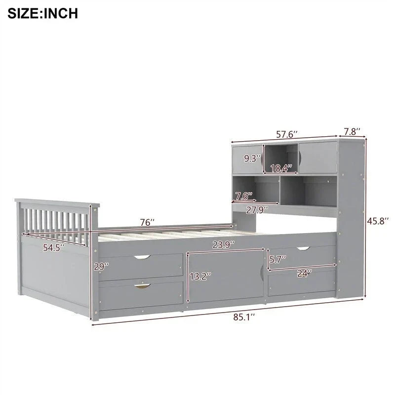 Letto a piattaforma Captain singolo/matrimoniale con 4 cassetti e ripiani contenitori, struttura in legno massello con testiera libreria contenitore