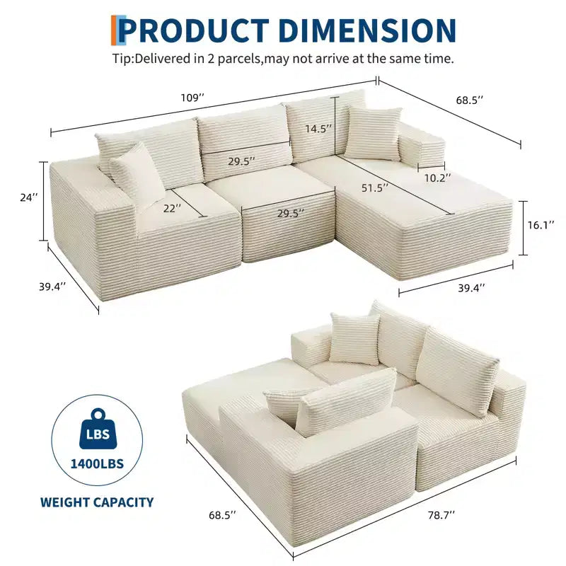 108 Modernes 3-Sitzer-Sofa, gepolstertes Sofa in L-Form mit Kissen, Sofa mit tiefer Sitzfläche, keine Montage erforderlich