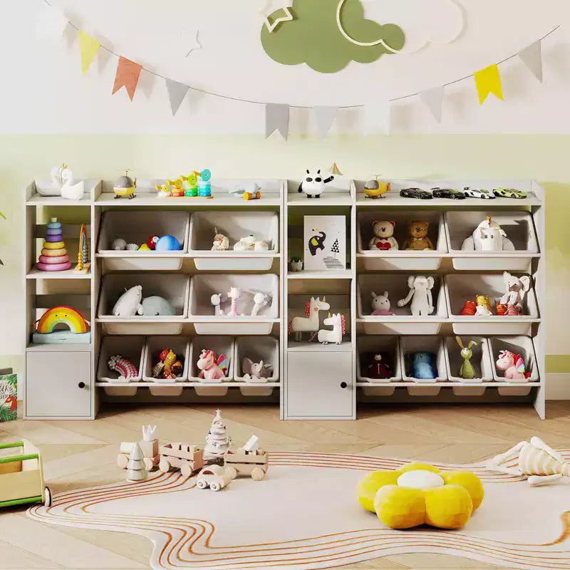 Costway Spielzeugaufbewahrung und Bücherregal für Kinder, Bücherregal aus Holz mit 4 kleinen und 4 großen Boxen, Grau/Weiß