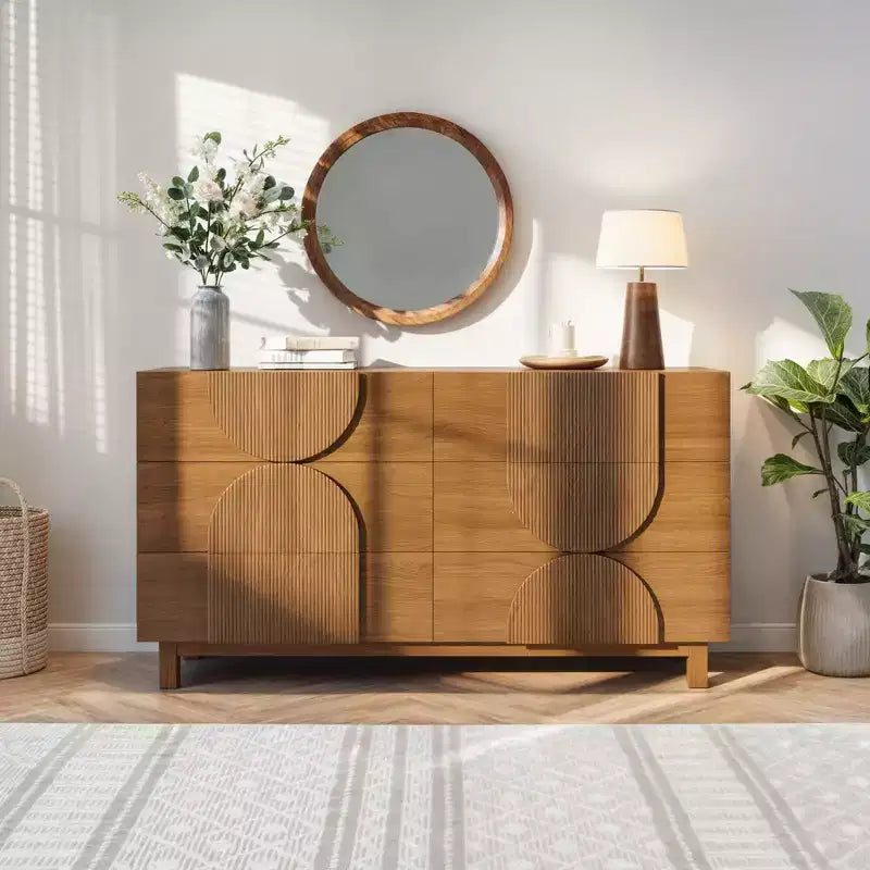 Moderne geometrische Kommode mit 6 Schubladen, breiter Stauraumschrank mit Halbkreismuster für Schlafzimmer und Wohnzimmer