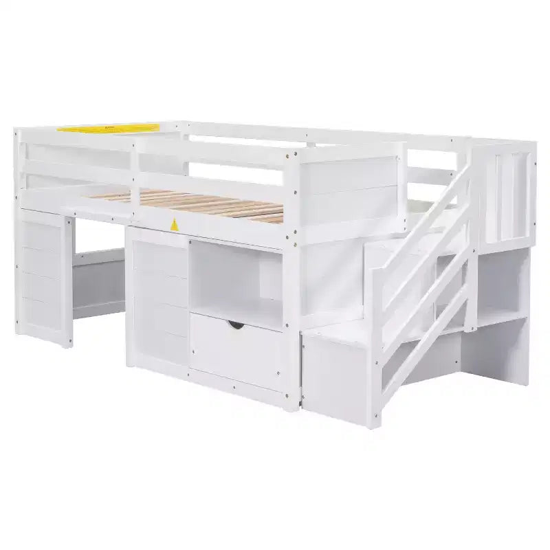94.6L x 42.3W niedriges Hochbett aus Massivholz in Einzelgröße mit Treppe, Schublade und Regal, modernes und schlichtes Design