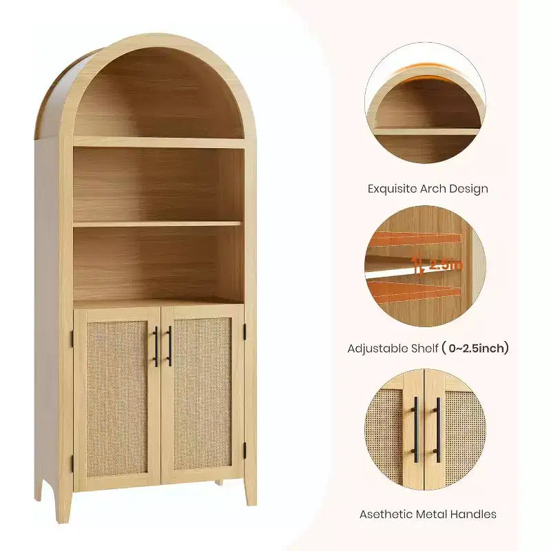 Acekool Vorratsschrank mit Rundbogen und Rattantüren, 5-stufiger Aufbewahrungsschrank im Landhausstil für Küche, Esszimmer und Wohnzimmer