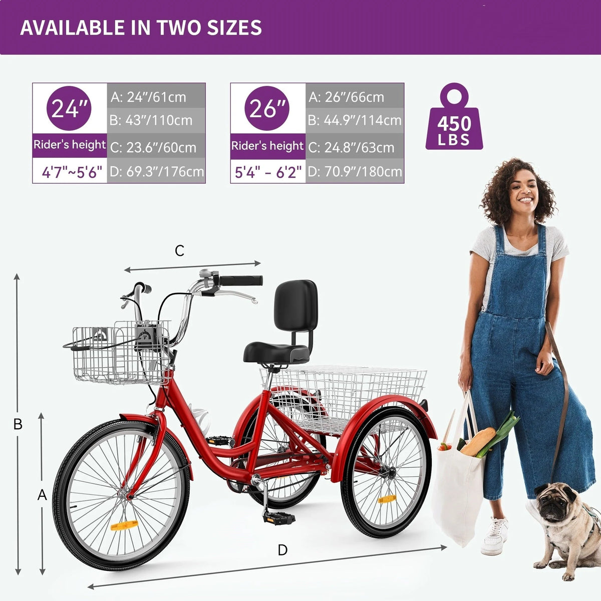 Vélo tricycle bleu pour adulte, 26, à 3 roues avec paniers amovibles