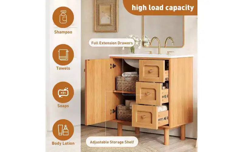 Mobiletto bagno in ceramica JVNOXK da 30 pollici, stile rustico moderno, con 3 cassetti e 1 grande anta a chiusura ammortizzata, mobile contenitore, venatura naturale del legno