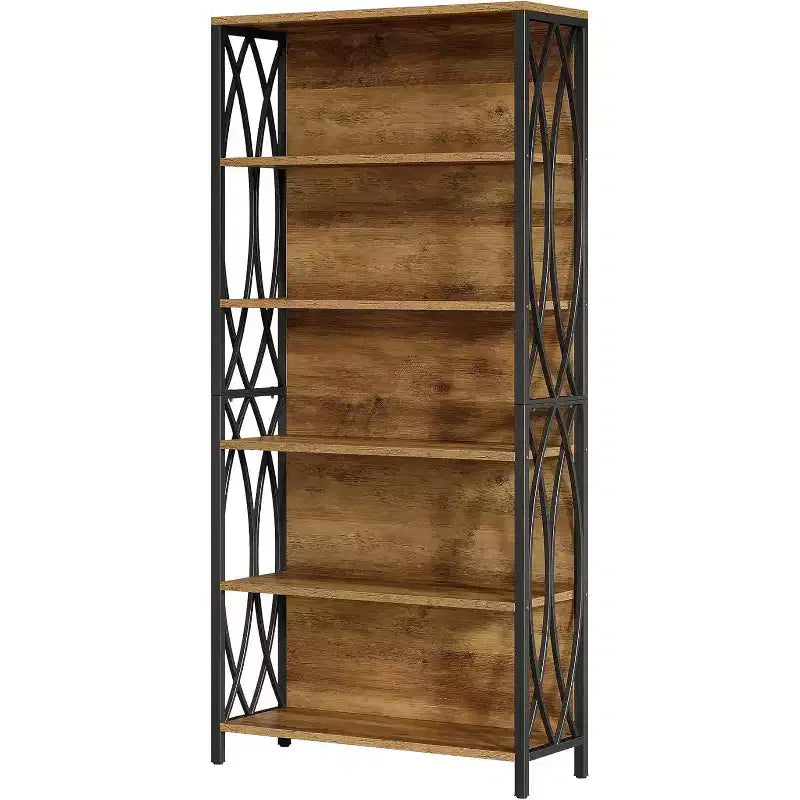 Lantine industriële boekenkast van 70.87, boekenkast met 6 niveaus, geometrisch metalen frame en open opbergplanken voor thuiskantoor en woonkamer, bruin